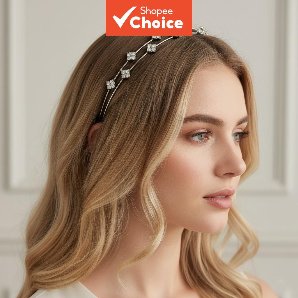 Tiara De Strass De Fileira Dupla Elegante | Acessório De Cabelo De Moda Minimalista Coreana Na