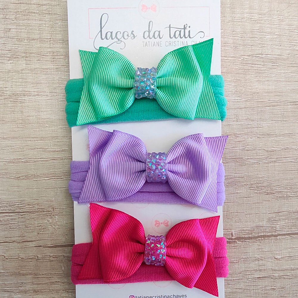 Kit 03 Faixas de Acessório Cabelo Menina Color Strass Verde, Lilás e Pink