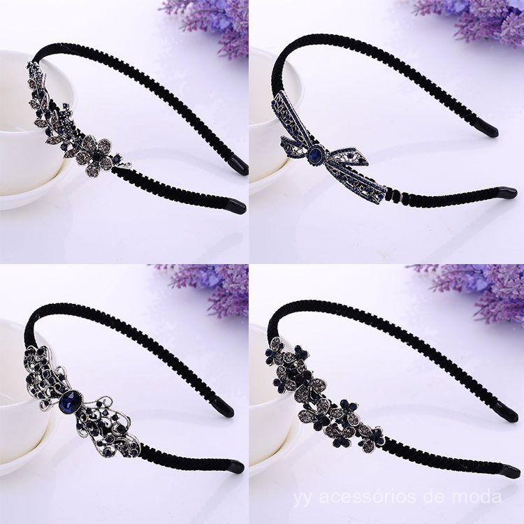 Tiara de veludo antiderrapante com cristais e strass, laço vintage, acessório de cabelo com strass para mulheres 8.31