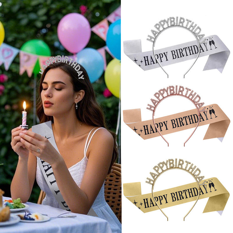 Kit Tiara Faixa Aniversário Feminino, Arco Strass + Faixa Brilhante, Acessórios Para Festa de Aniversário