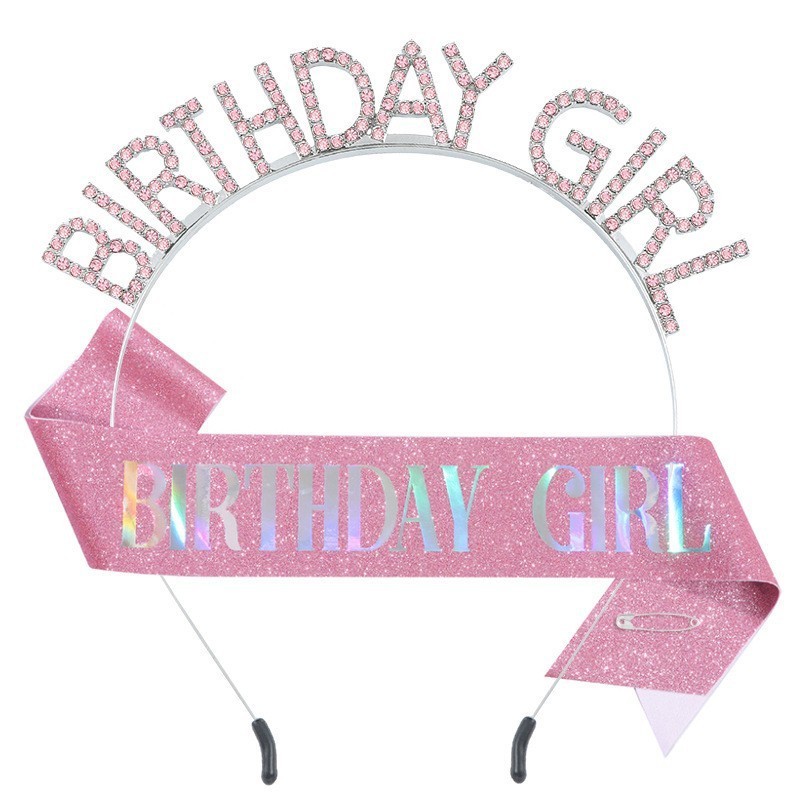 Kit Tiara Faixa Aniversário Feminino, Arco Strass + Faixa Brilhante, Acessórios Para Festa de Aniversário
