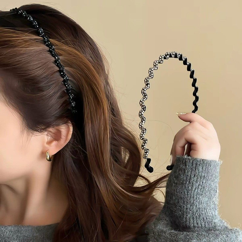 Elegante Strass Onda Bandana Moda Metal Antiderrapante Fino Hairband Acessórios De Cabelo Para Mulher