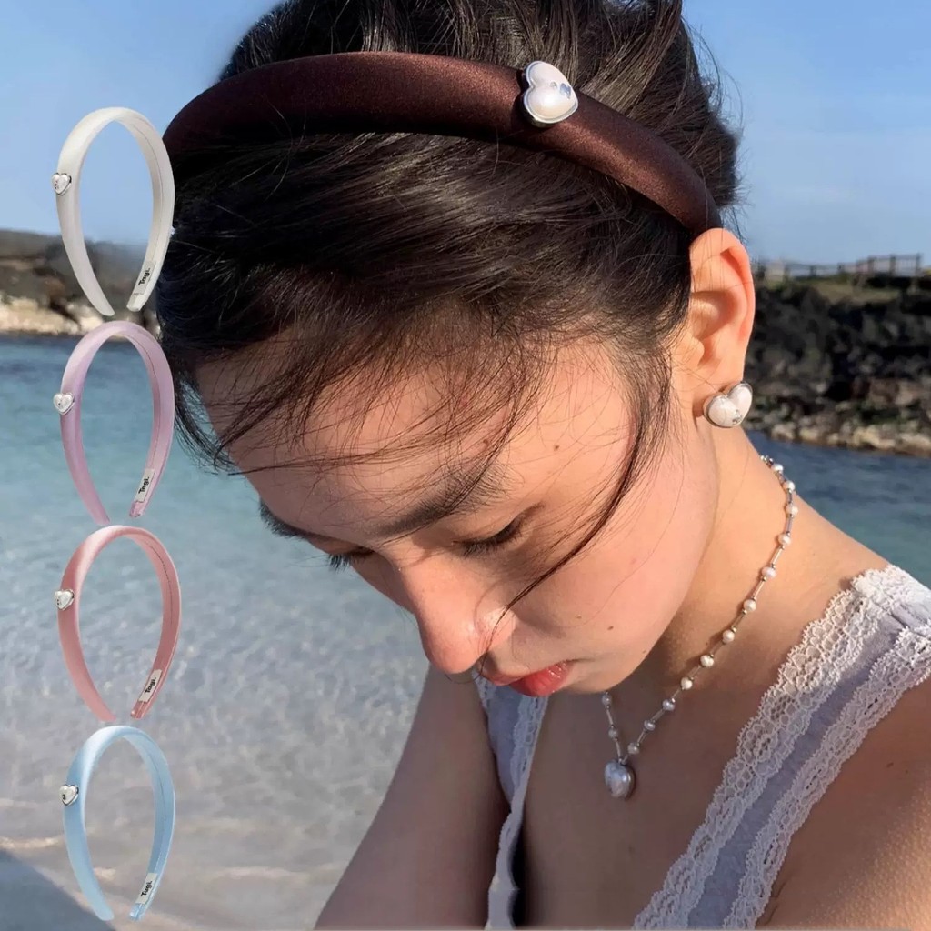 Retro Inchado Coração Strass Pérola Seda Bandana Alta Coroa Artesanal Minimalista Argola De Cabelo Para Mulheres Present