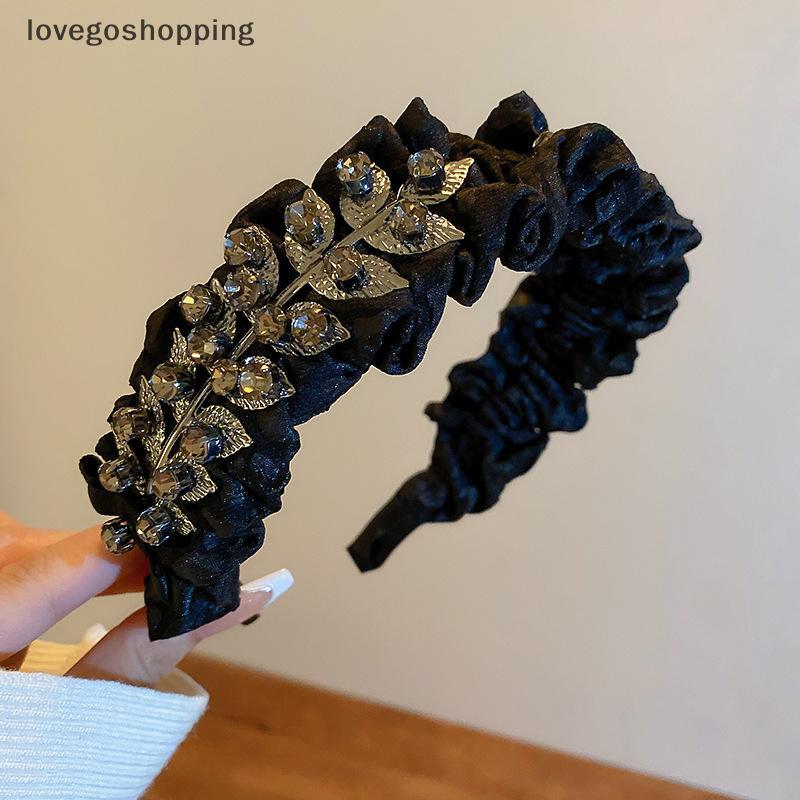 [lovego] Faixa De Cabelo Com Laço De Tecido Plissado Folha De Strass Incrustada Para Mulheres Temperamento Elegante Fran