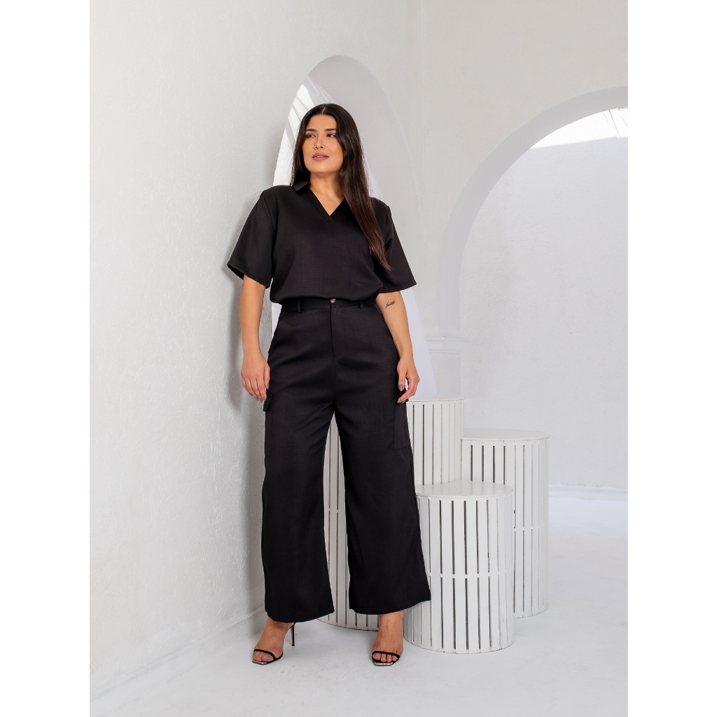 Conjunto Linho Feminino Blusa e Calça Cargo Elastano Moda Utilitária Elegante Social Plus Size