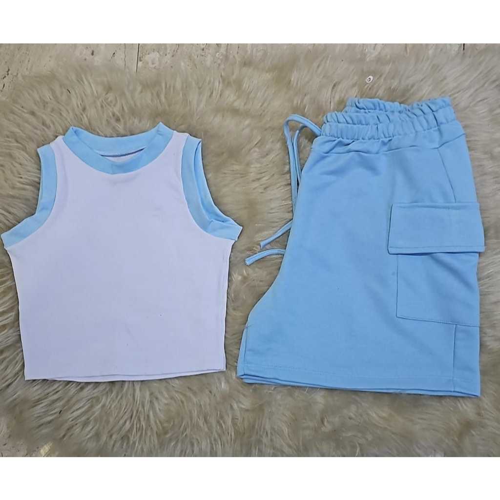 Conjunto Esmeralda - Shorts Cargo e Blusinha Ribana Bicolor Cores Novas Moda Verao.