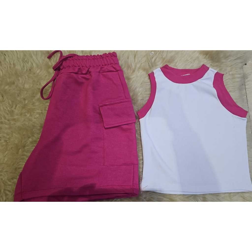 Conjunto Esmeralda - Shorts Cargo e Blusinha Ribana Bicolor Todas as cores Disponiveis.