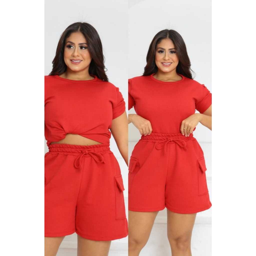 Lançamento Conjunto Perola bermuda cargo mais blusa com Detalhe na manga pode ser usada com um nó na frente Opcional