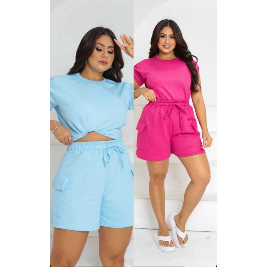 Conjunto Pérola Shorts cargo de cós alto e blusa com detalhe na manga, adicionando um charme maior ainda ao seu look
