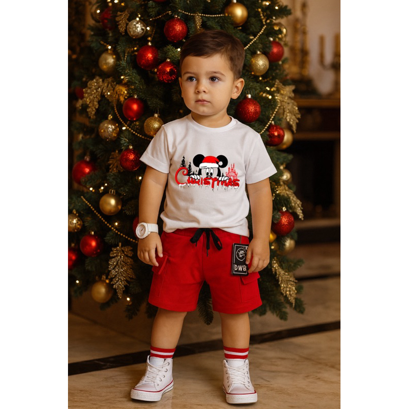 conjunto Natal natalino infantil bermuda vermelha e camiseta | camiseta Natal Mickey e bermuda cargo vermelha