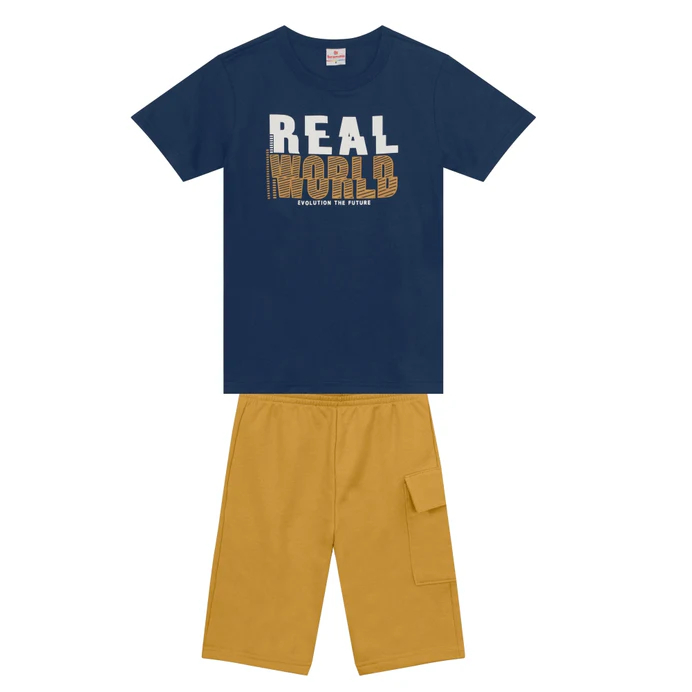Conjunto Infantil Menino Brandili  Camiseta Estampada em Relevo + Bermuda Cargo Infantil Masulina