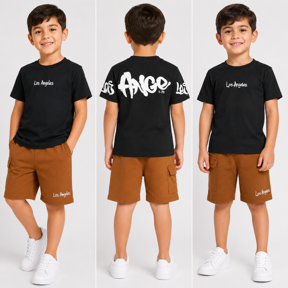 Conjunto masculino infantil de 2 peças roupa nova verão blusa + bermuda cargo moletom menino juvenil