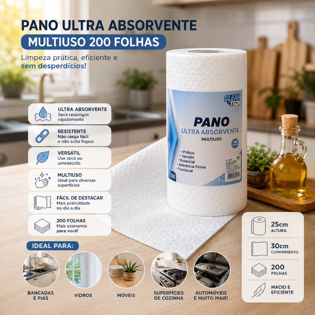 Rolo Pano Ultra Absorvente 200 Folhas Multiuso Limpeza Pratico Duravel