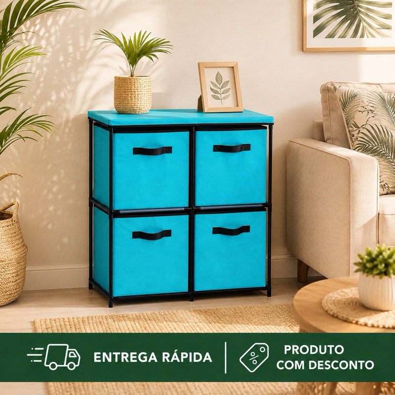 Organizador Multiuso 4 Gavetas de Tecido Prateleira para Roupas Brinquedos Quarto Closet Casa Azul.