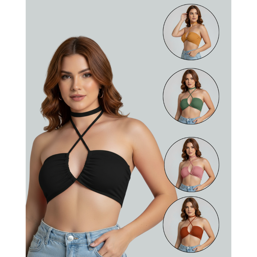 Kit 5 Top Amarração Cropped Multiuso Tomara que Caia Blusa Tecido Canelado