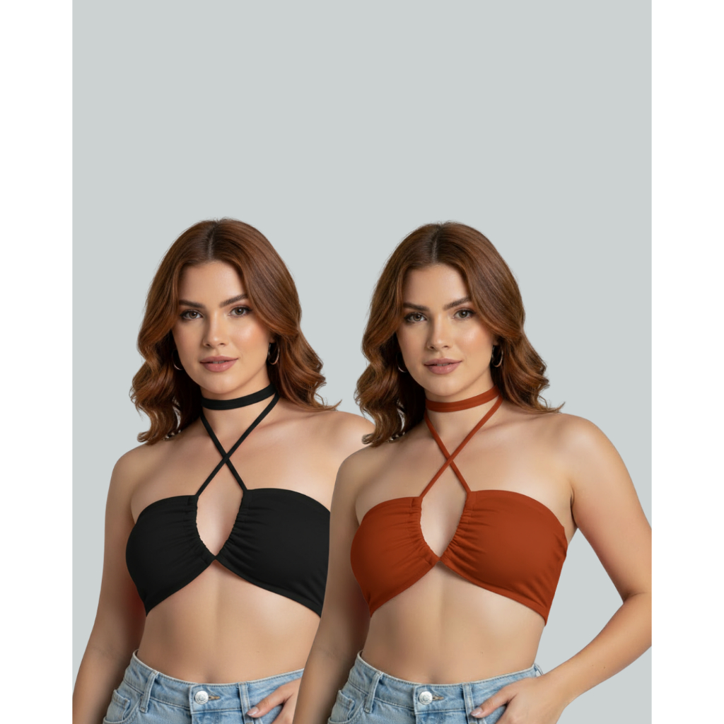 Kit 2 Top Amarração Cropped Multiuso Tomara que Caia Blusa Tecido Canelado