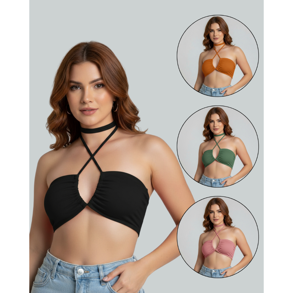 Kit 4 Top Amarração Cropped Multiuso Tomara que Caia Blusa Tecido Canelado