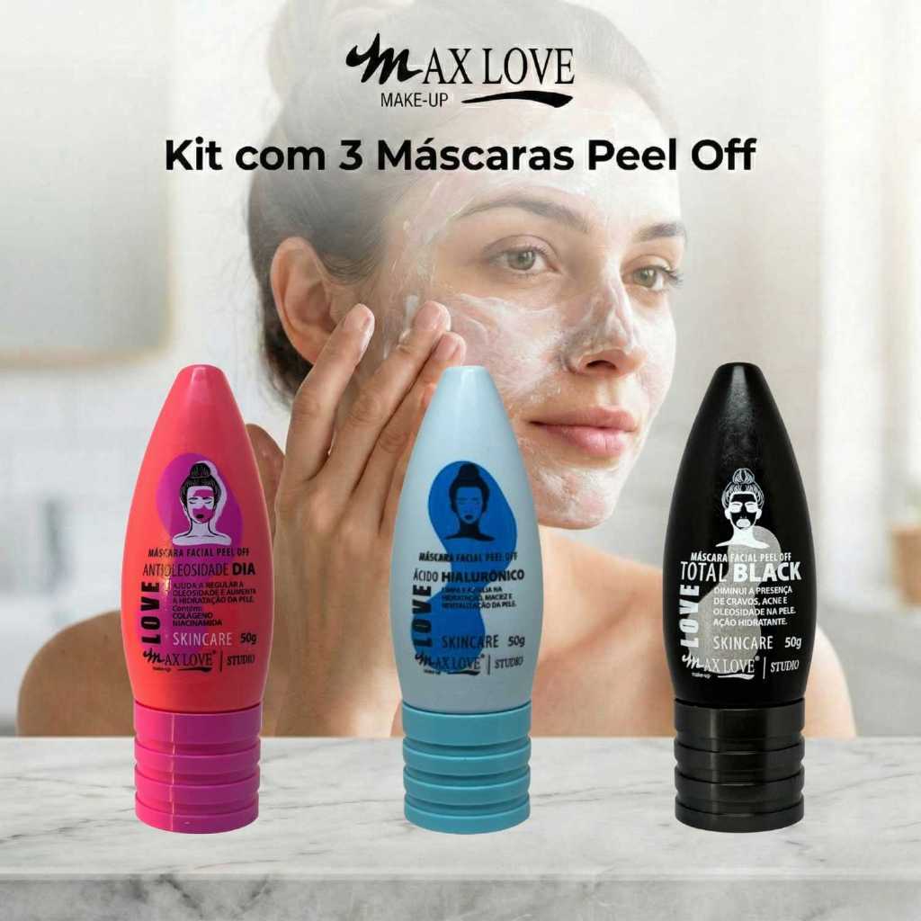 Kit com 3 Máscaras Peel Off - AntiOleosidade Dia, Ácido Hialurônico, Total Black Max Love