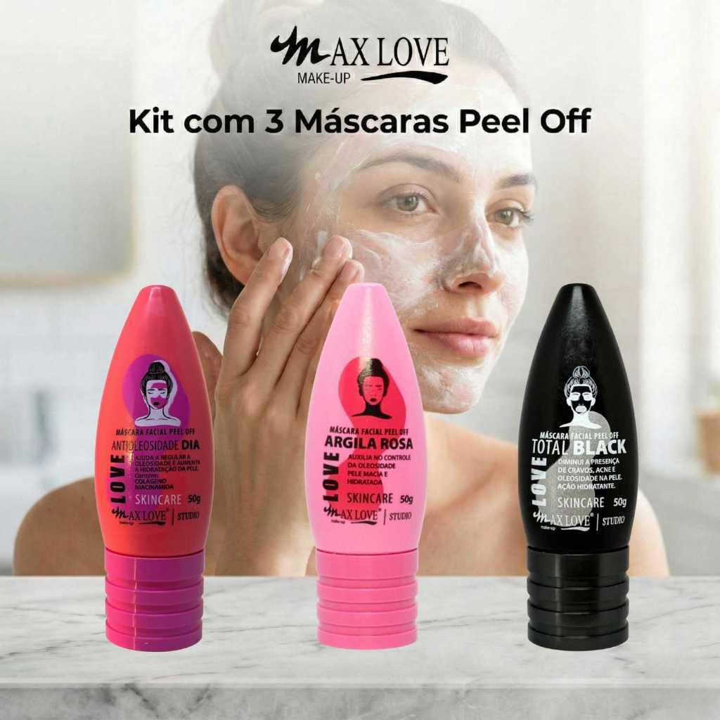 Kit com 3 Máscaras Peel Off - AntiOleosidade Dia, Argila Rosa, Total Black Max Love