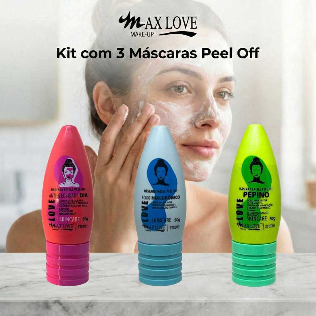 Kit com 3 Máscaras Peel Off - AntiOleosidade Dia, Ácido Hialurônico, Pepino Max Love