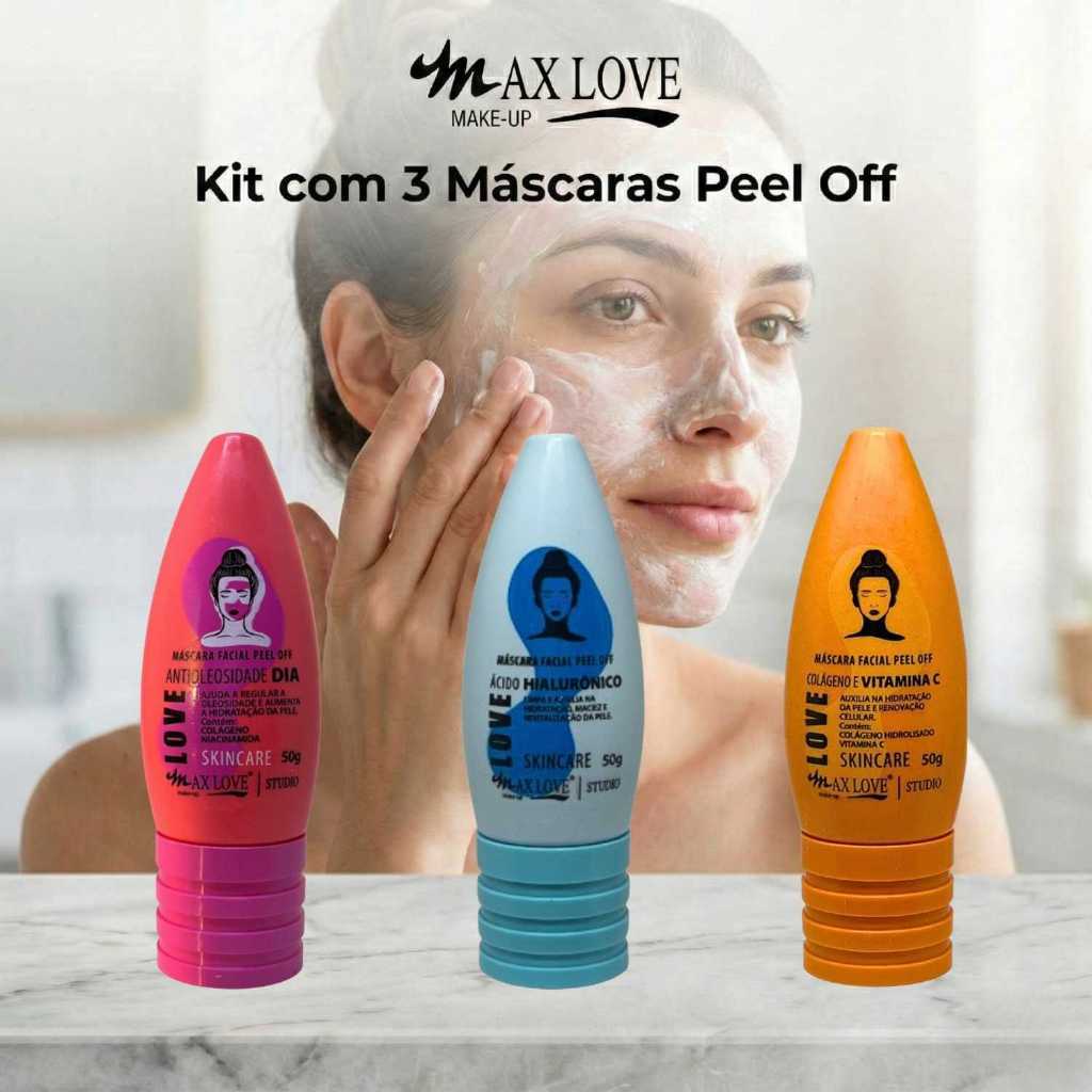 Kit com 3 Máscaras Peel Off - AntiOleosidade Dia, Ácido Hialurônico, Vitamina C Max Love