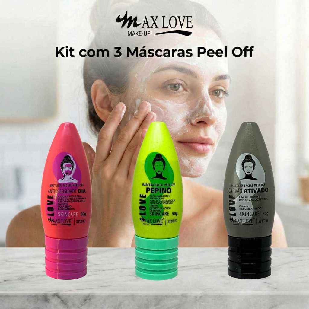 Kit com 3 Máscaras Peel Off - AntiOleosidade Dia, Pepino, Carvão Ativado Max Love