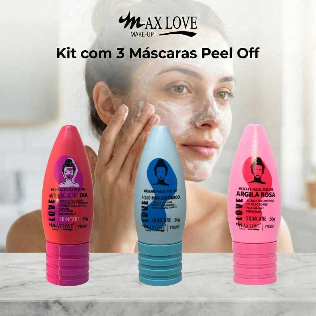 Kit com 3 Máscaras Peel Off - AntiOleosidade Dia, Ácido Hialurônico, Argila Rosa Max Love
