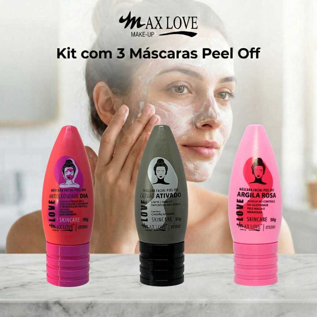 Kit com 3 Máscaras Peel Off - AntiOleosidade Dia, Carvão Ativado, Argila Rosa Max Love