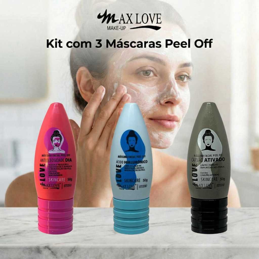 Kit com 3 Máscaras Peel Off - AntiOleosidade Dia, Ácido Hialurônico, Carvão Ativado Max Love