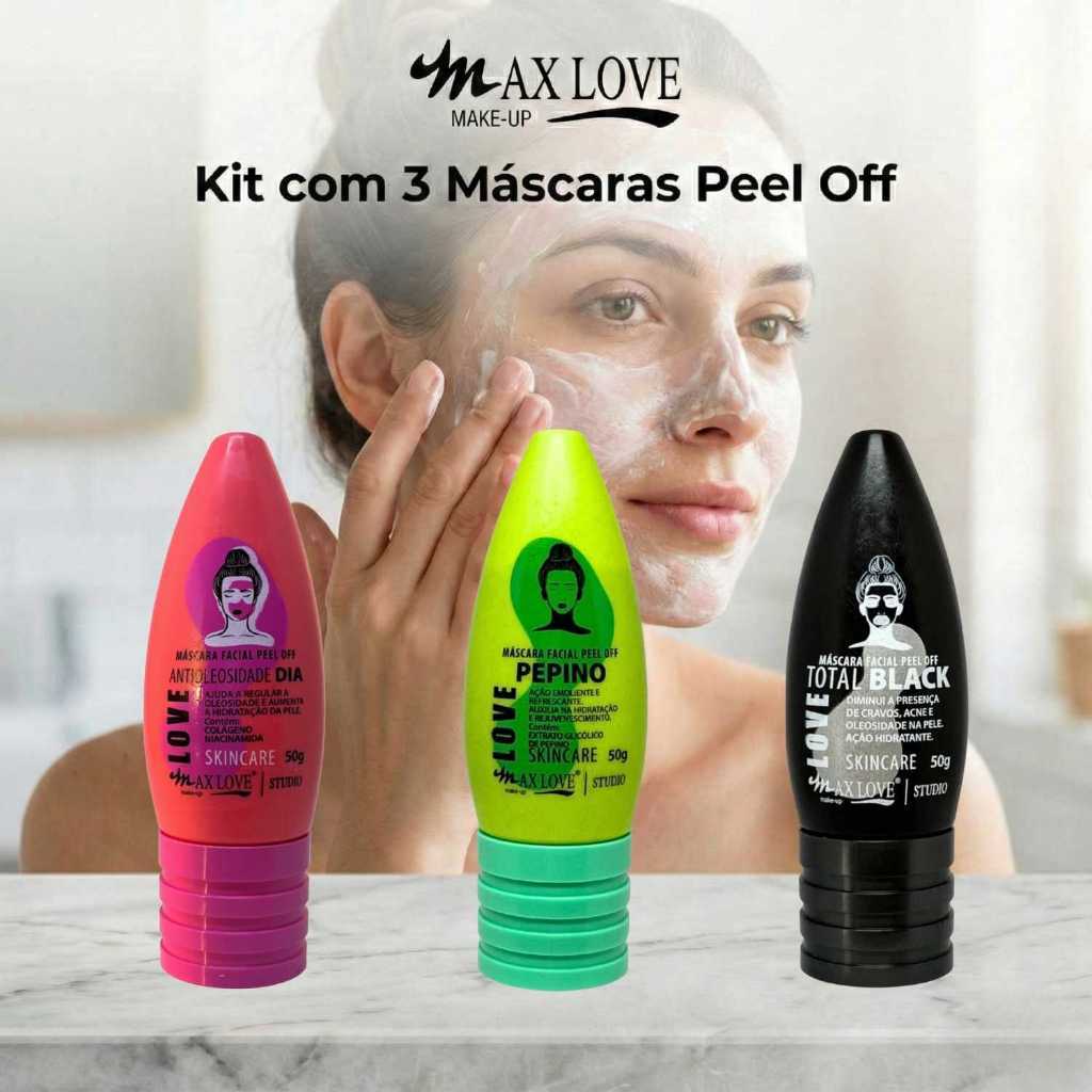 Kit com 3 Máscaras Peel Off - AntiOleosidade Dia, Pepino, Total Black Max Love