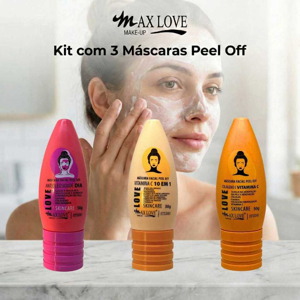 Kit com 3 Máscaras Peel Off - AntiOleosidade Dia, Vitamina C 10em1, VItamina C Max Love