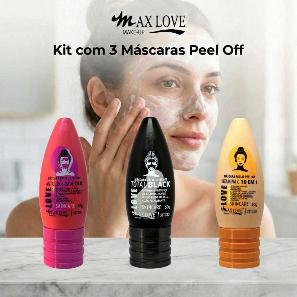 Kit com 3 Máscaras Peel Off - AntiOleosidade Dia, Total Black, Vitamina C 10em1 Max Love