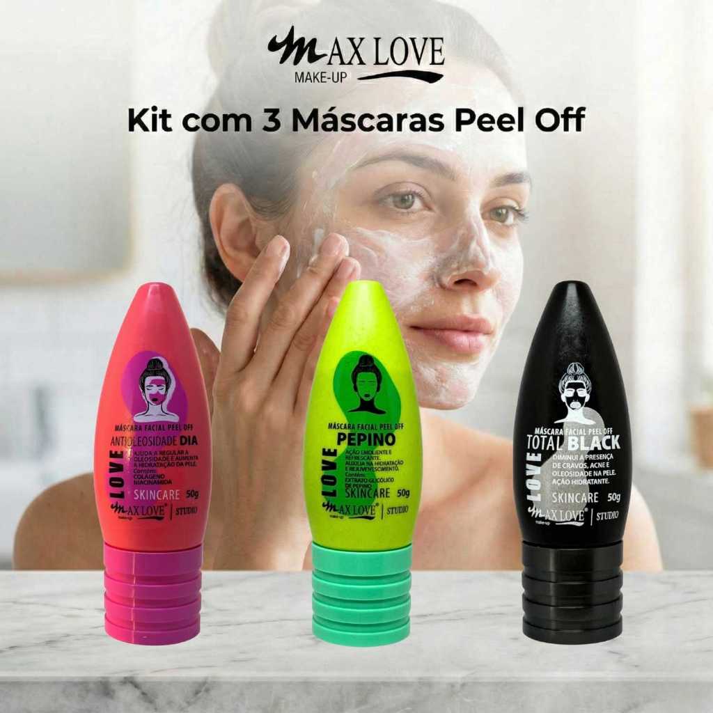 Kit com 3 Máscaras Peel Off - AntiOleosidade Dia, Pepino, Total Black Max Love