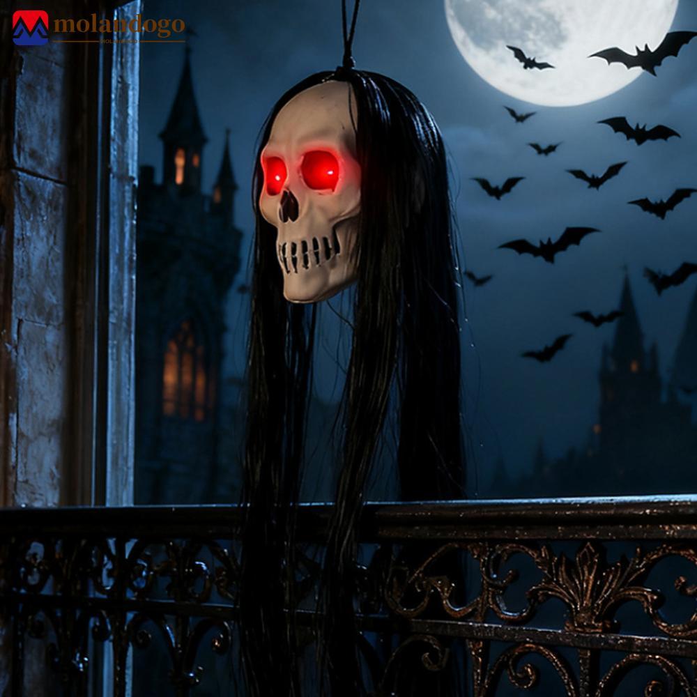 Milandogo Halloween Pendurado Cabelo Longo Fantasma Esqueleto Pingente LED Olhos Brilhantes Horror Prop Para Casa Assomb
