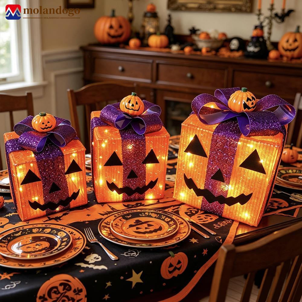 Milandogo Conjunto De 3 Peças De Caixa De Presente Iluminada Para Halloween Luzes De Decoração LED De 8 Modos Com Bateri