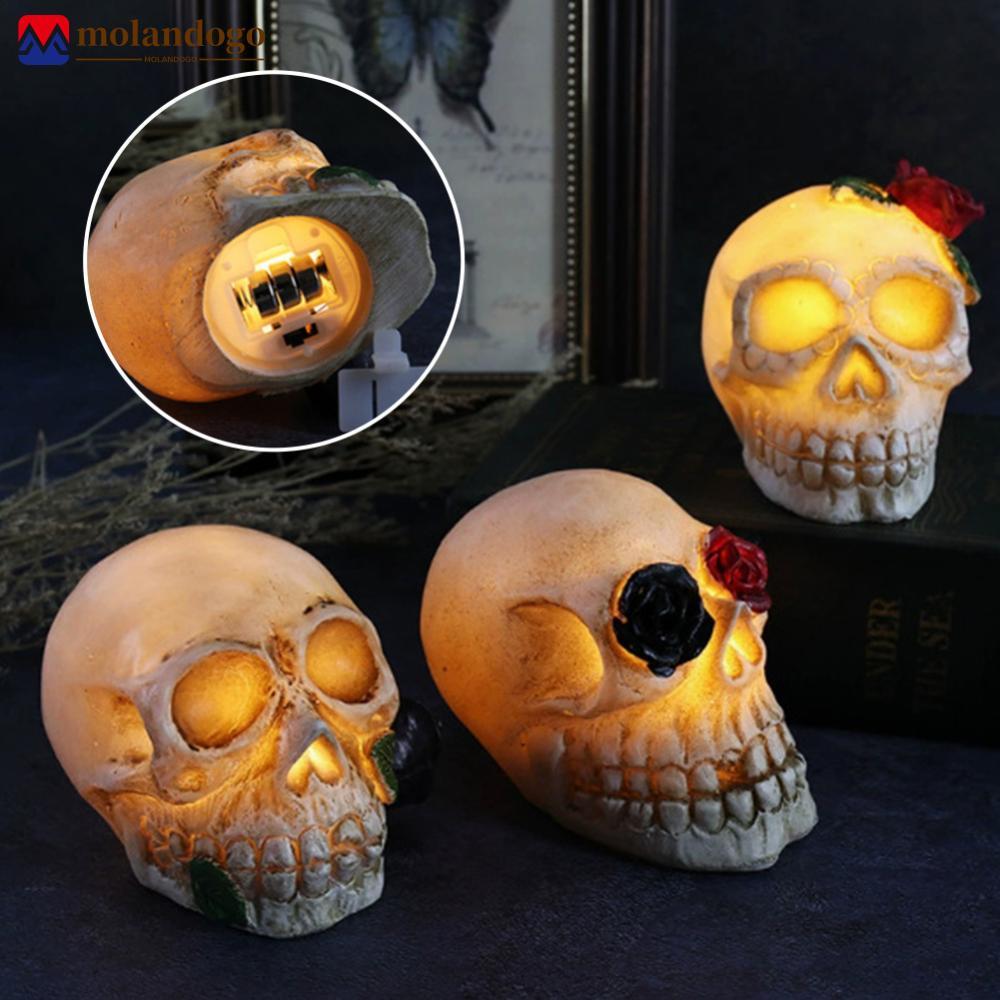 Milandogo Decoração De Caveira De Resina De Halloween Com Luz LED Brilhante E Ornamento De Rosa Estatueta De Mesa Do Dia