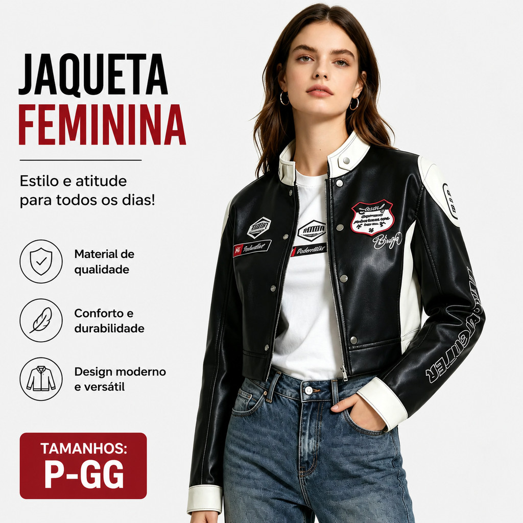 Jaqueta Feminina De Couro PU , Preta , Branca , Varsity Biker , Cortada , Casaco De Motocicleta , Moda Manga Comprida P-