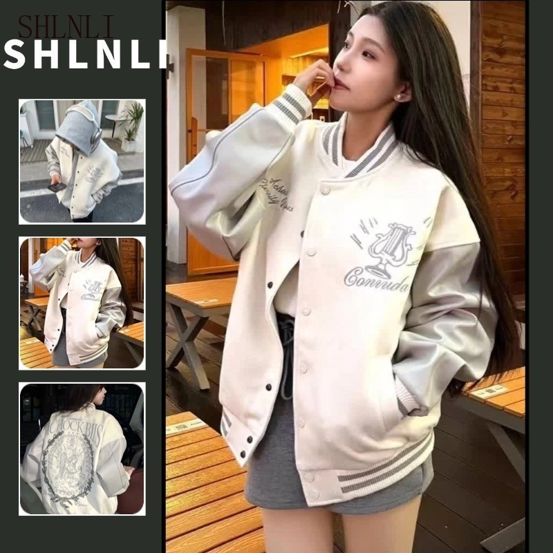 Primavera Outono Feminino Oversized Emendado Varsity Jaqueta Impressão Padrão Solto Casaco De Beisebol Casual