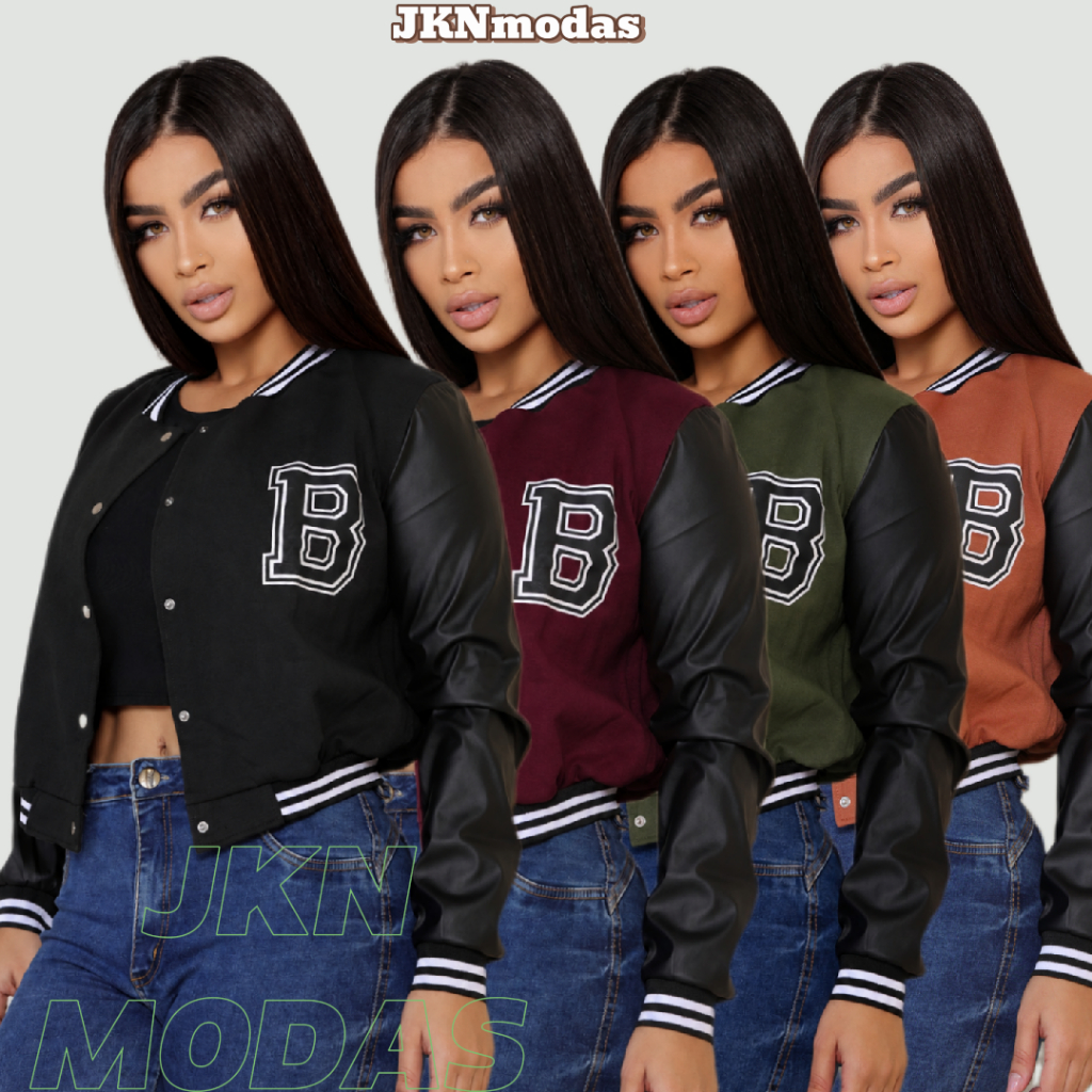 JAQUETA Bomber Feminina Varsity Colegial Americana MANGA COURO  Moda Gringa Inverno Casaco Blogueira