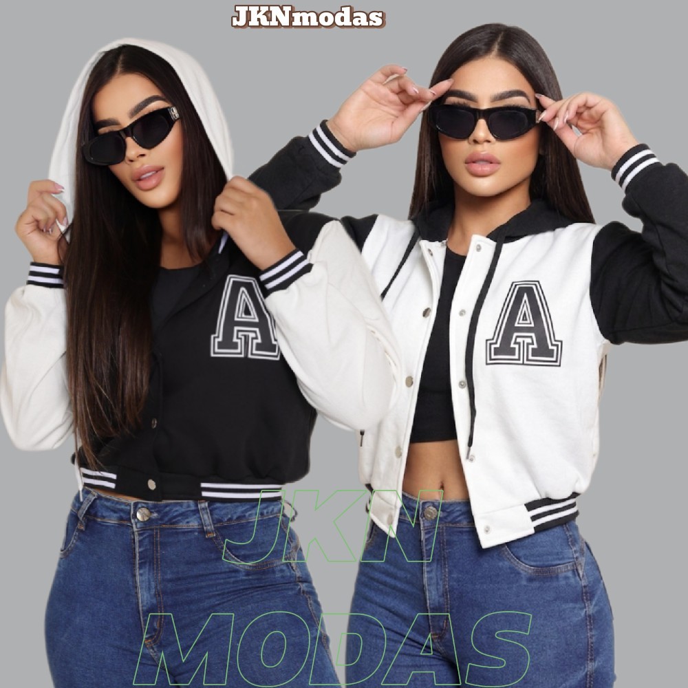 JAQUETA Bomber  Feminina  Moleto Varsity COM CAPUZ Moda Gringa Americana Colegial Letra A Streetwear e Conforto)