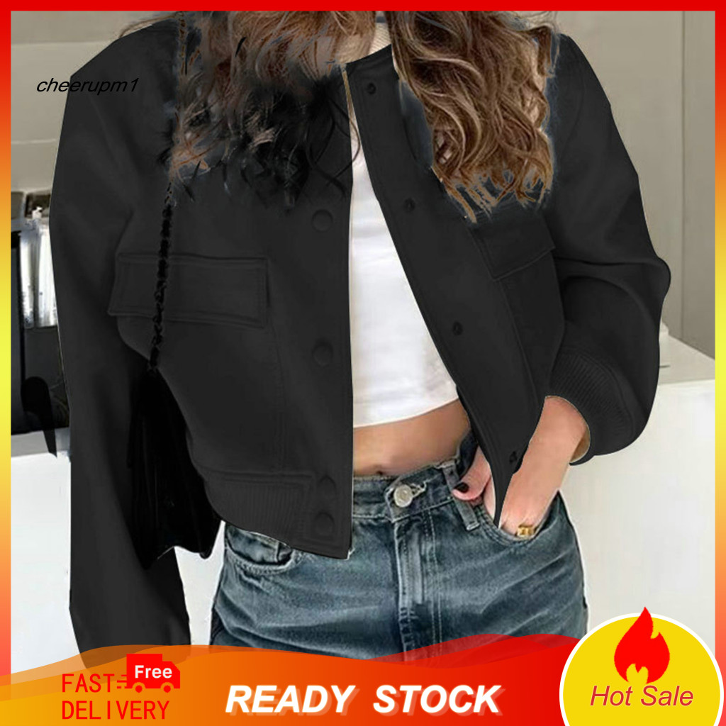Women Polyester Jacket Spring and Autumn for Women’s Cropped Varsity Shacket Stand Collar Button-down Long Sleeve Coat