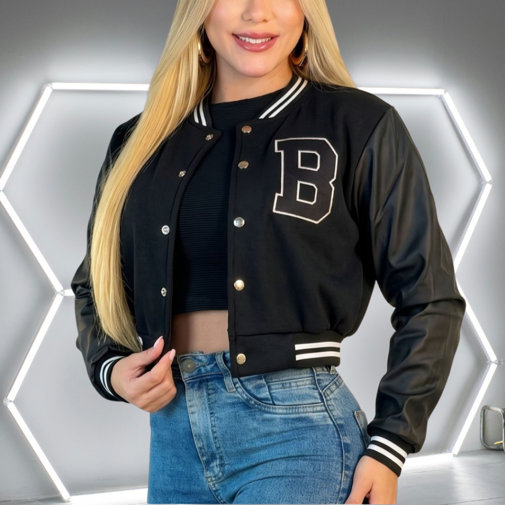 Jaqueta Feminina Bomber Varsity Colegial Moletom Manga Longa Couro Fake Casaco Moda Gringa Blogueira Americana Inverno