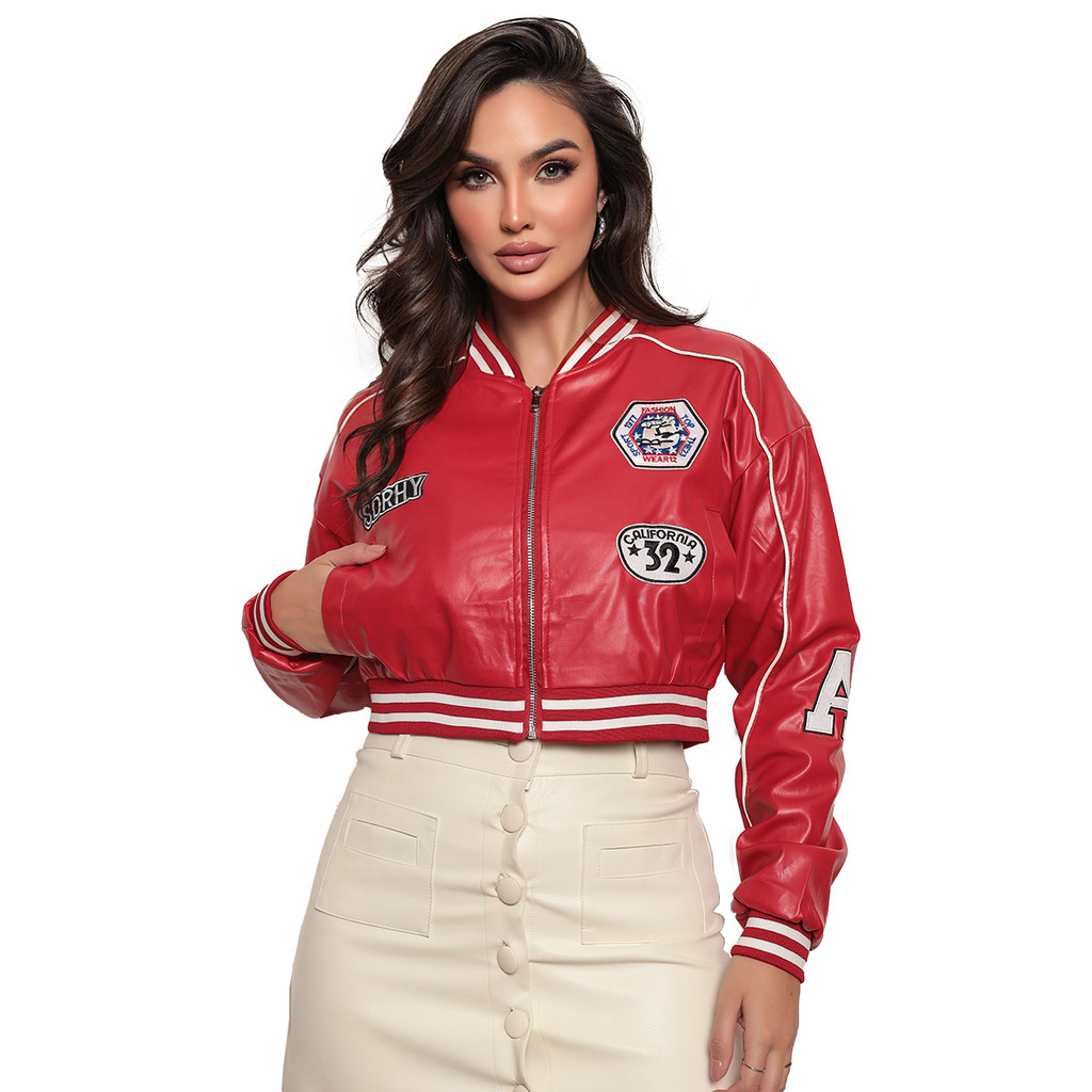 Jaqueta Couro Fake Feminina Estilo Street Varsity Bomber Moda Blogueira Agasalho Courinho Premium