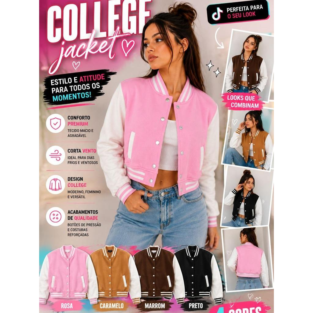 Jaqueta College Feminina Cropped Premium | Estilo Varsity Casual Fashion