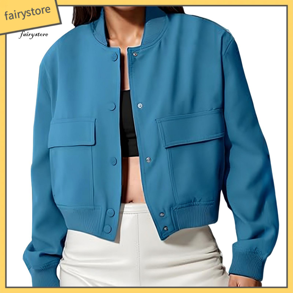 Versatile Women Outerwear Polyester Jacket Women’s Cropped Varsity Shacket Stand Collar Button-down Long Sleeve Coat f