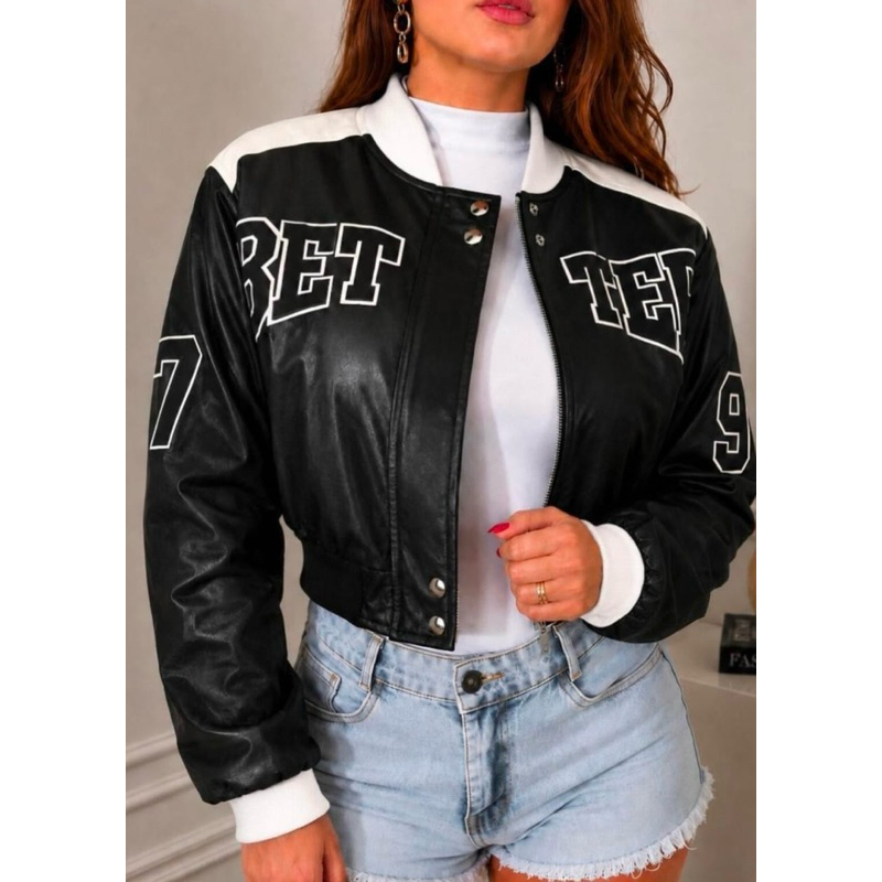Jaqueta Bomber Feminina Couro Sintético Varsity Colegial Puffer Casaco Inverno Biker Moda Blogueira 