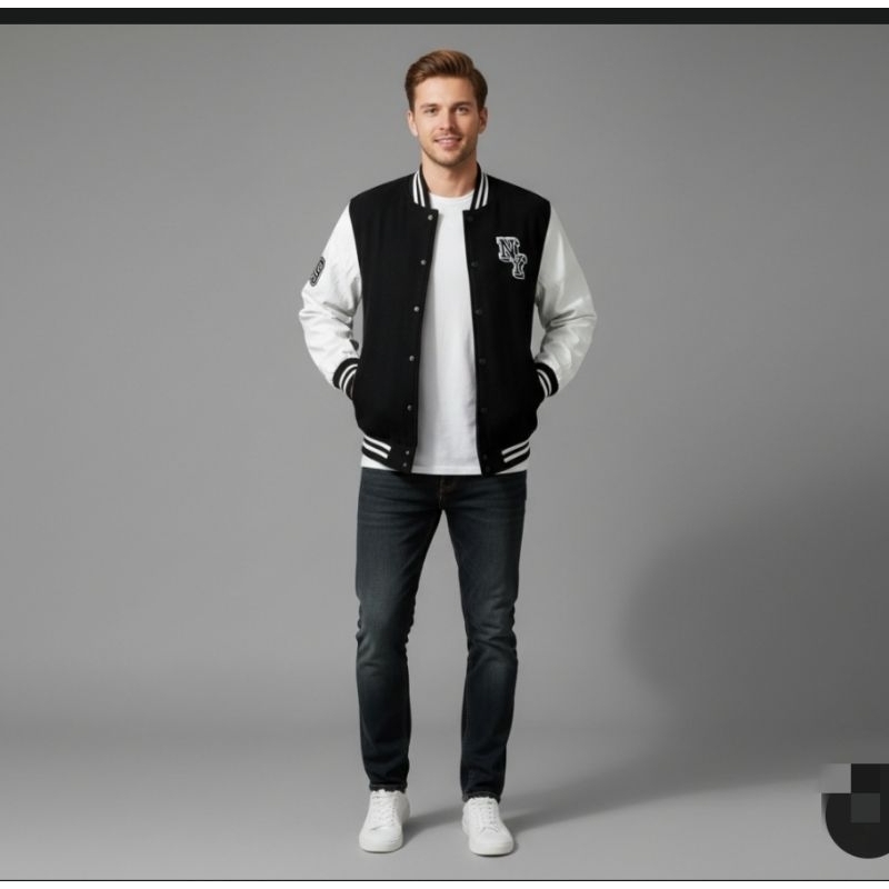 Jaqueta Varsity preta com mangas brancas