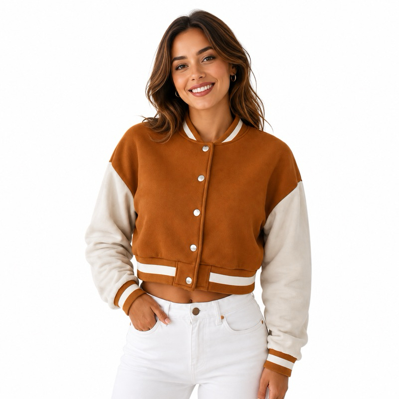 Jaqueta Feminina Bomber Cropped College Varsity Manga Longa