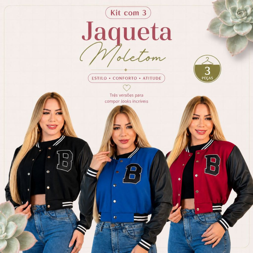 Kit 3 Jaquetas Feminina Moletom Casaco Bomber Moda Blogueira Varsity Gringa Manga Longa Colegial Americana Inverno