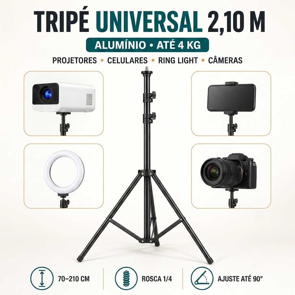 Tripé Universal Profissional 2,10m em Alumínio para Projetores, Celulares, Ring Light e Câmeras